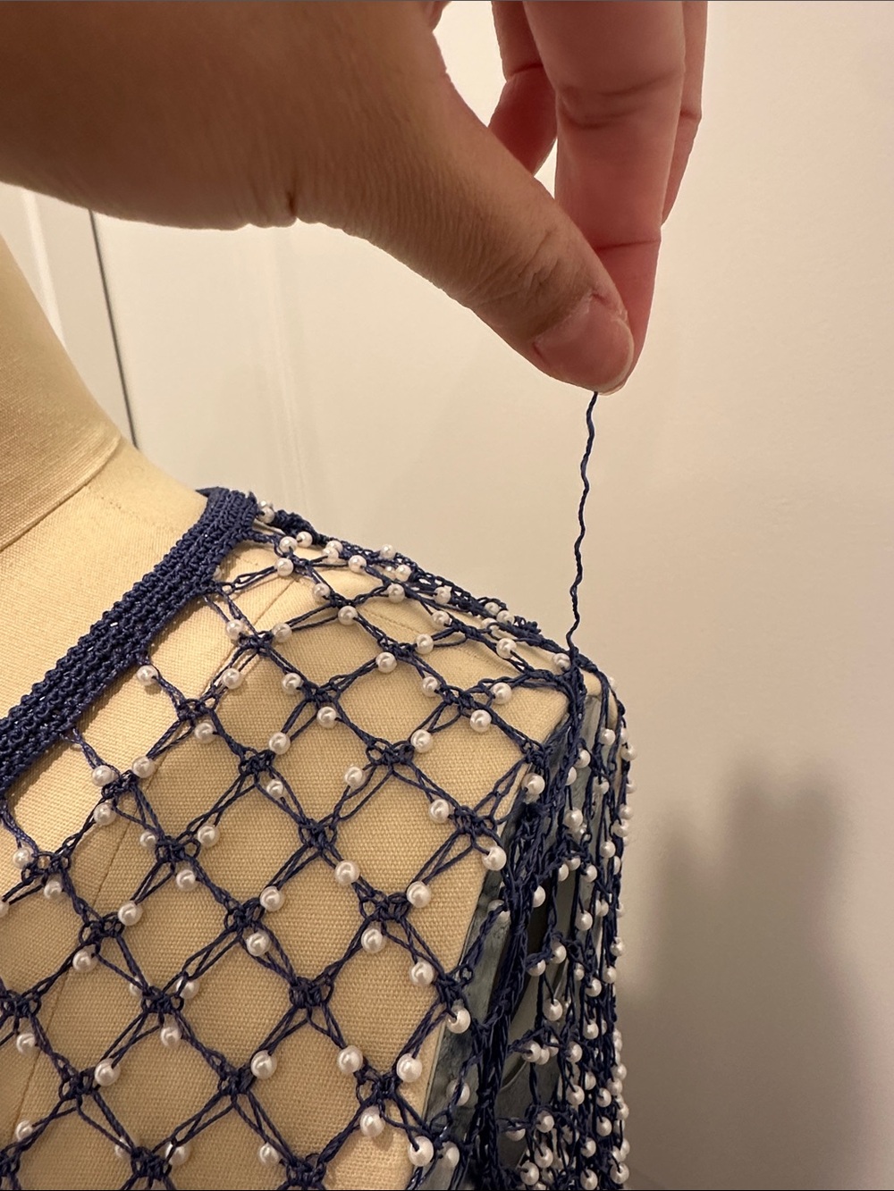 Navy Beaded Fishnet Fringe Top festival rave edc pearls tassel fringe fairy boho - Picture 3 of 5